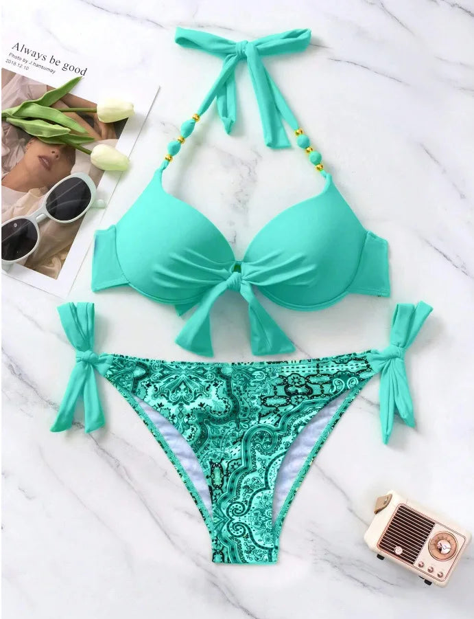 Push-Up Halter Bikini Set — Bow-Tie Top & Printed Side-Tie Bottoms | Women's Swimwear