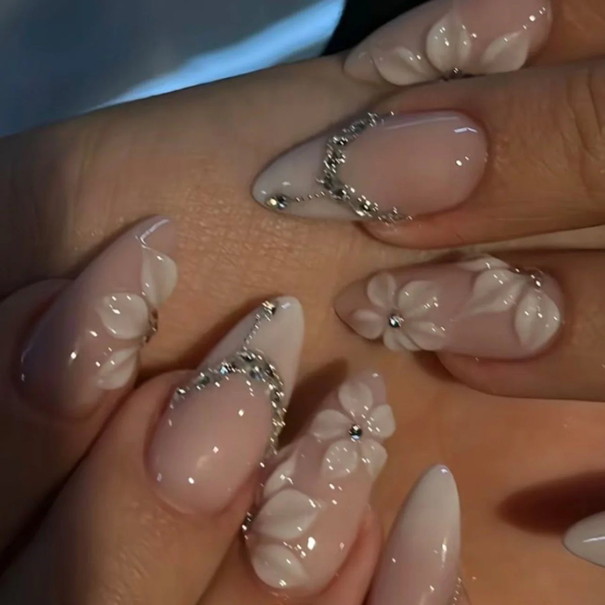 Almond Press-On Nails - 3D Floral, Butterfly & French Tip, 24 Pieces