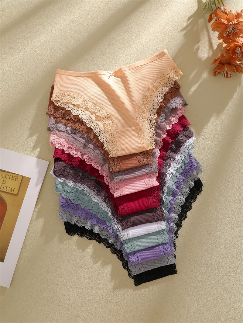 FINETOO 6PCS Women's Cotton Lace Underwear Sexy Crossed Belts Brazilian Panties Female Low Rise Breathable Briefs Soft Lingerie