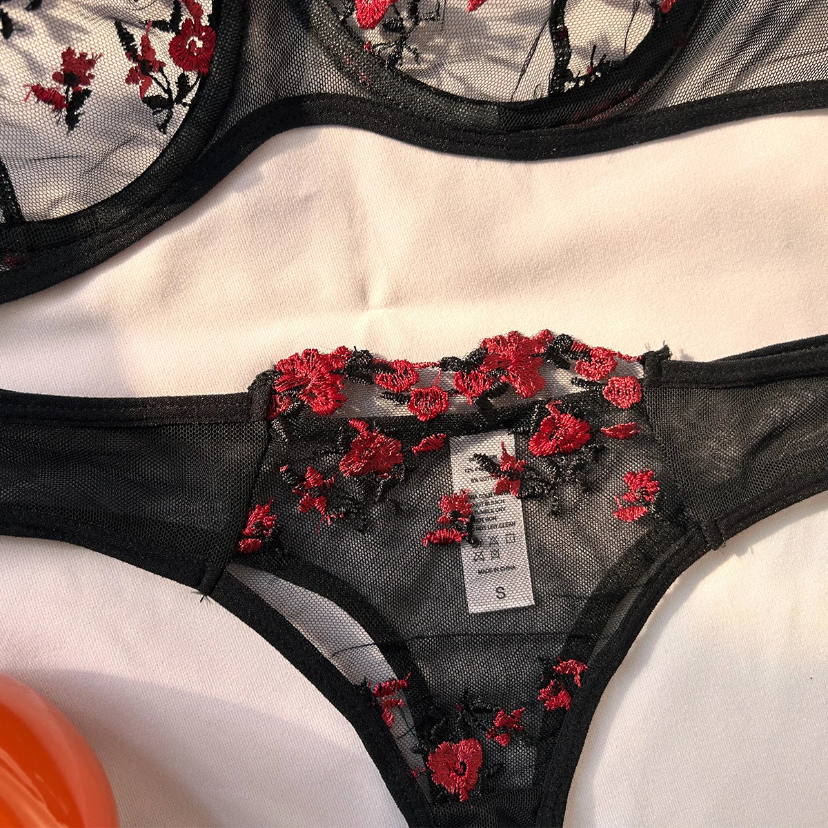 Embroidered Lace Triangle Bra & Thong Set — Wire-Free Bow Detail | Women's Sexy Lingerie