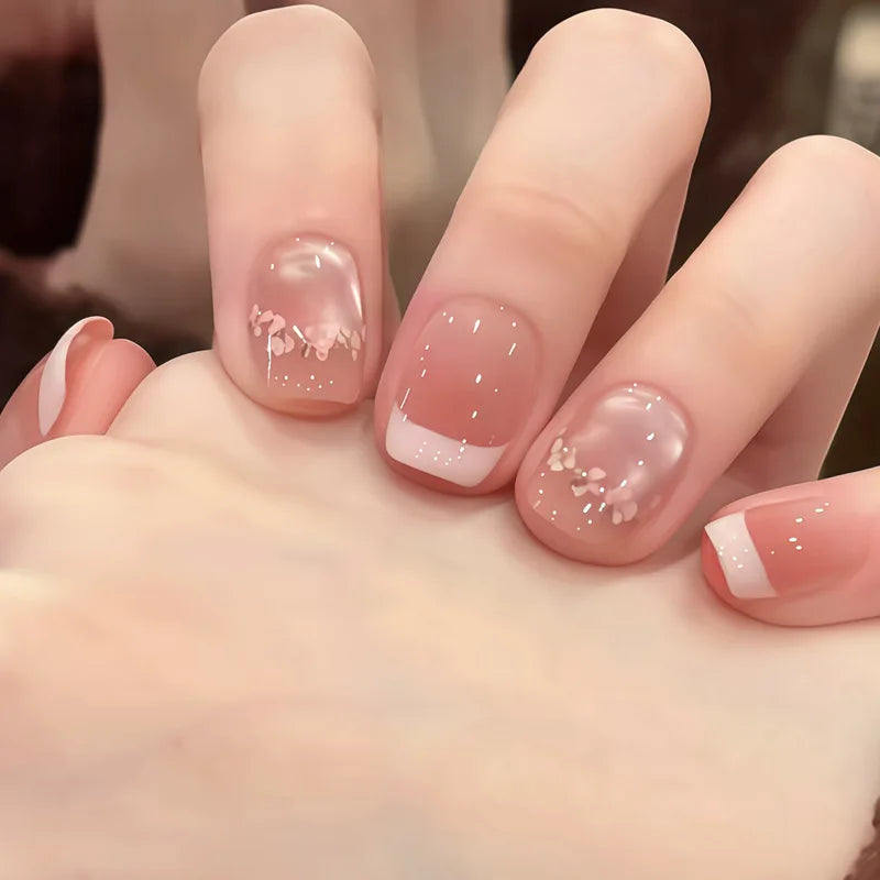 Short Press-On Nails - French Tip, Bow & Glitter Designs, 24 Pieces