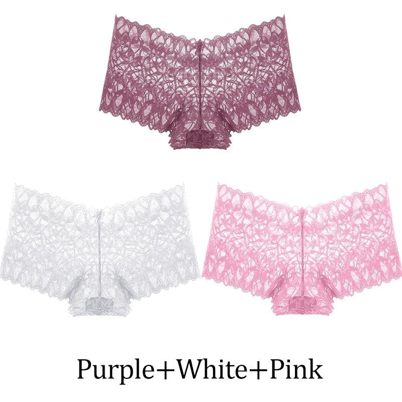 3-Pack Lace Boyshort Panties – Low-Rise Floral Underwear for Women (S–XL, 14 Color Sets)