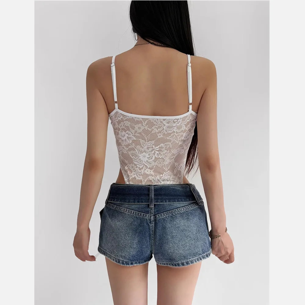 See-Through Lace Bodysuit — High-Cut Thong Spaghetti Strap | Women's Lingerie