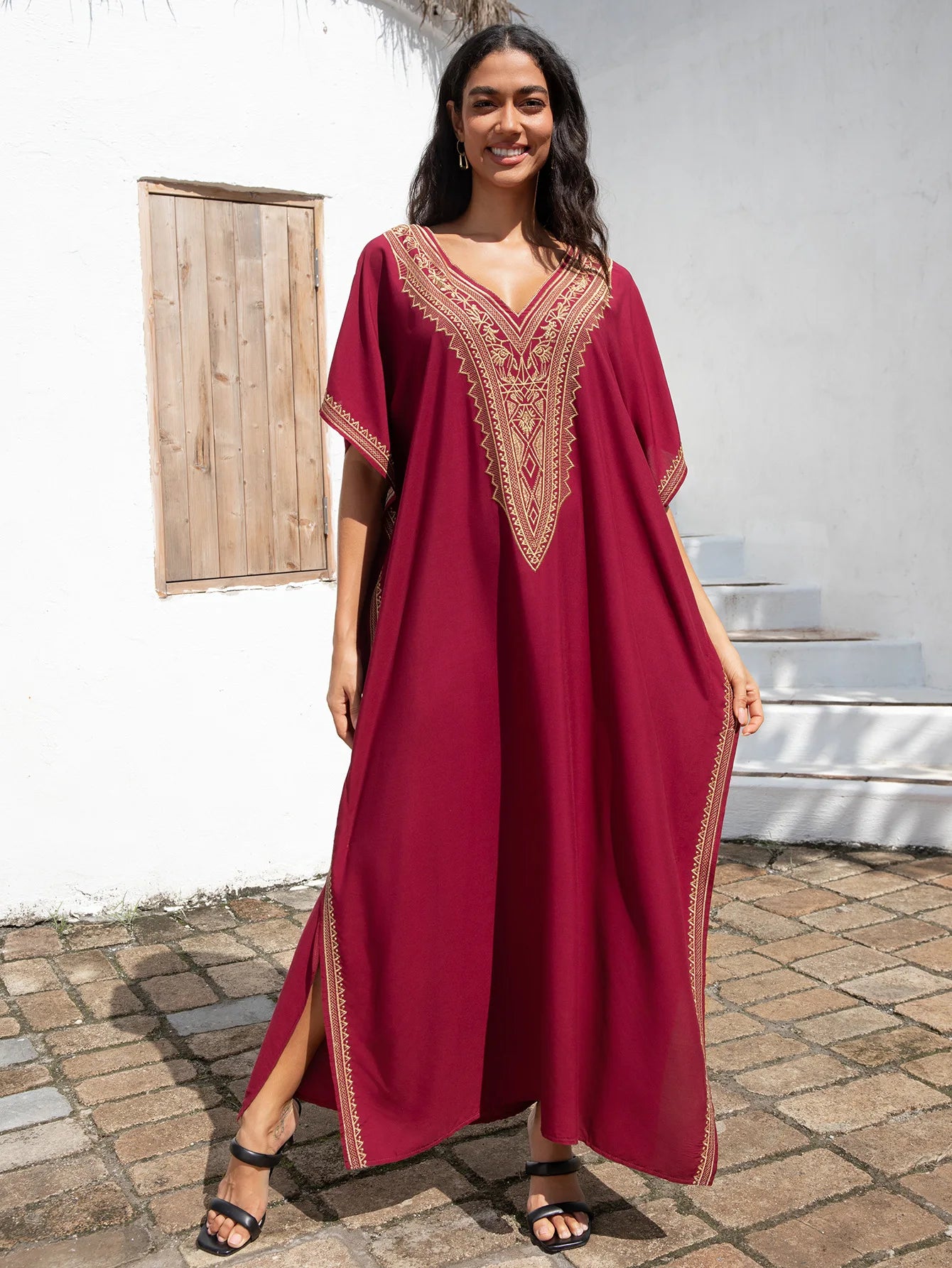 Embroidery Beach Cover-Up Kaftan — Loose V-Neck Long Robe | Women's Swimsuit Cover-Up