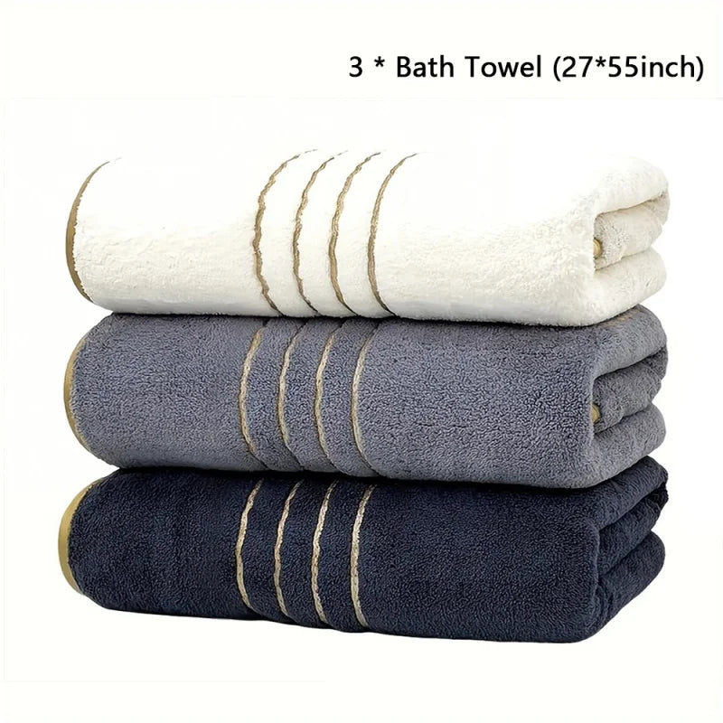 Golden Striped Coral Fleece Bath Towel Set – Ultra-Soft, Quick-Dry, Machine Washable (2, 3, 6 or 8 Pcs)