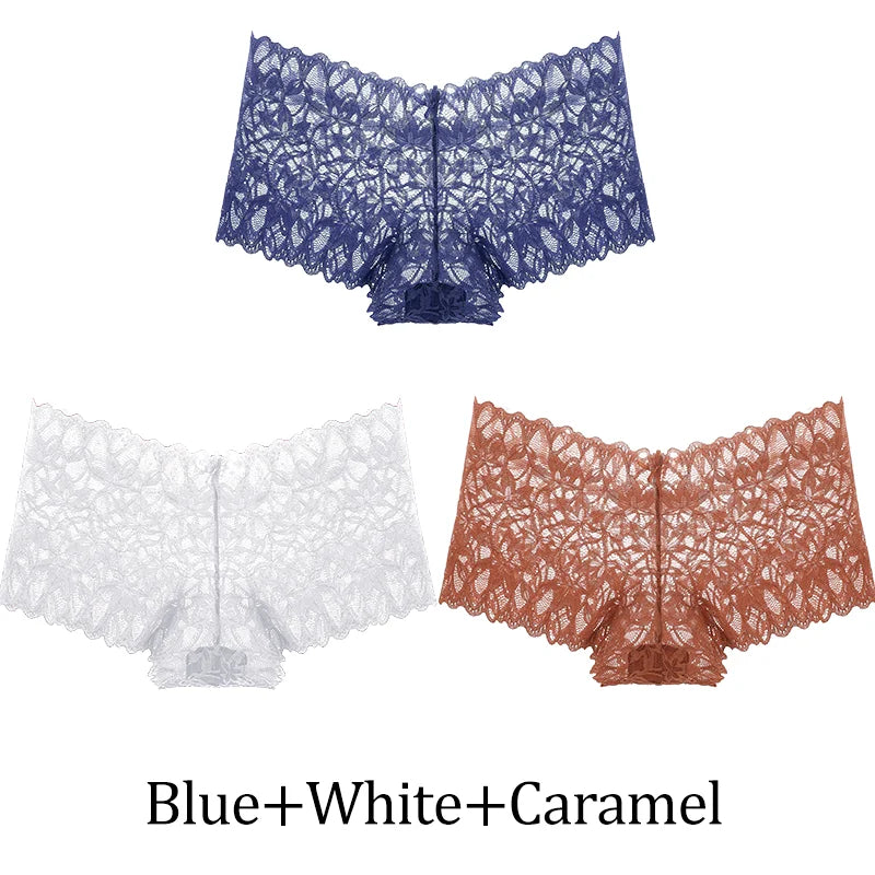 3-Pack Lace Boyshort Panties – Low-Rise Floral Underwear for Women (S–XL, 14 Color Sets)
