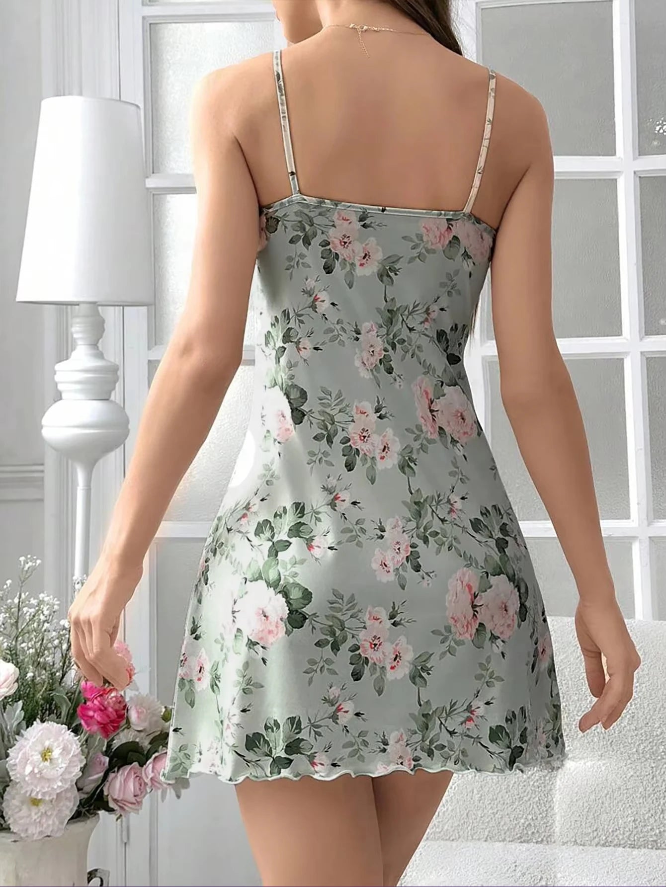 Butterfly Print Satin Sleep Dress — Spaghetti Strap Mini Nightgown