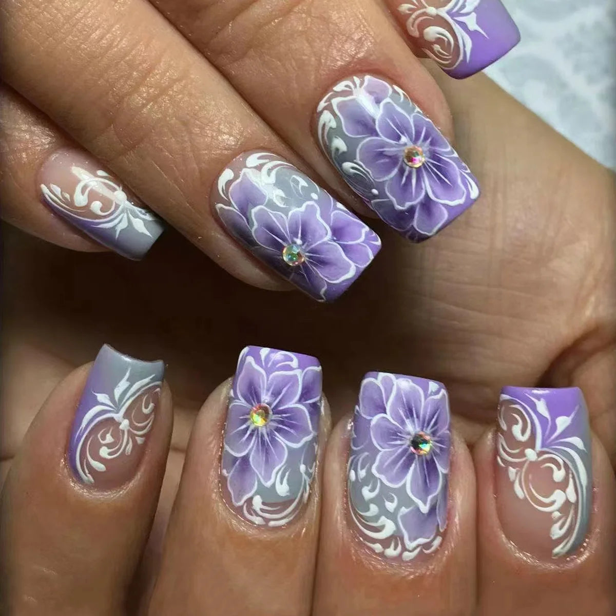 Short Square Press-On Nails - Purple Floral & Gradient French, 24 Pieces