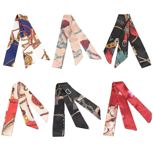 Skinny Printed Ribbon Scarf – Multifunctional Hair Tie, Headband & Bag Accessory for Women