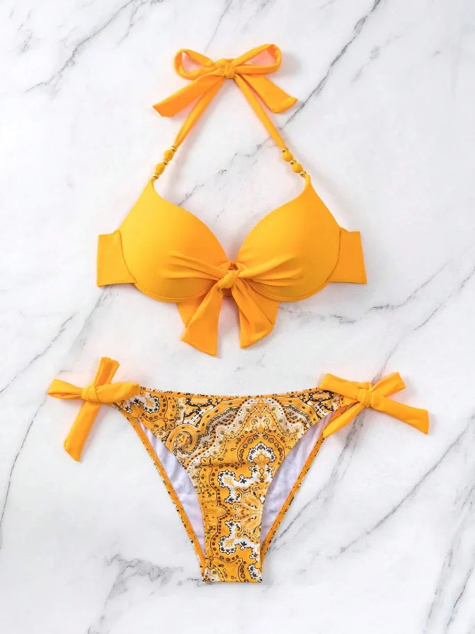 Push-Up Halter Bikini Set — Bow-Tie Top & Printed Side-Tie Bottoms | Women's Swimwear