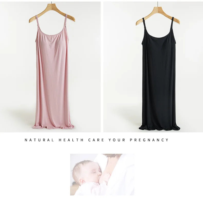 Women's Maternity Nursing Tank Dress with Built-in Bra Breastfeeding Long Sleeveless Nightdress for Pregnant Nursing Mothers