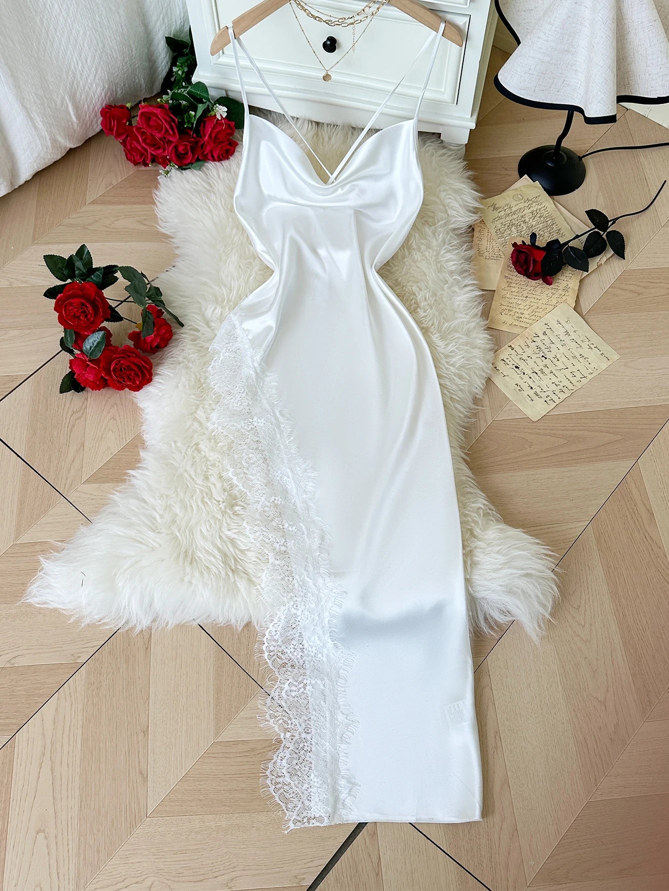 Lace Trim Satin Midi Nightgown — Cowl Neck Spaghetti Strap | Women's Elegant Sleepwear