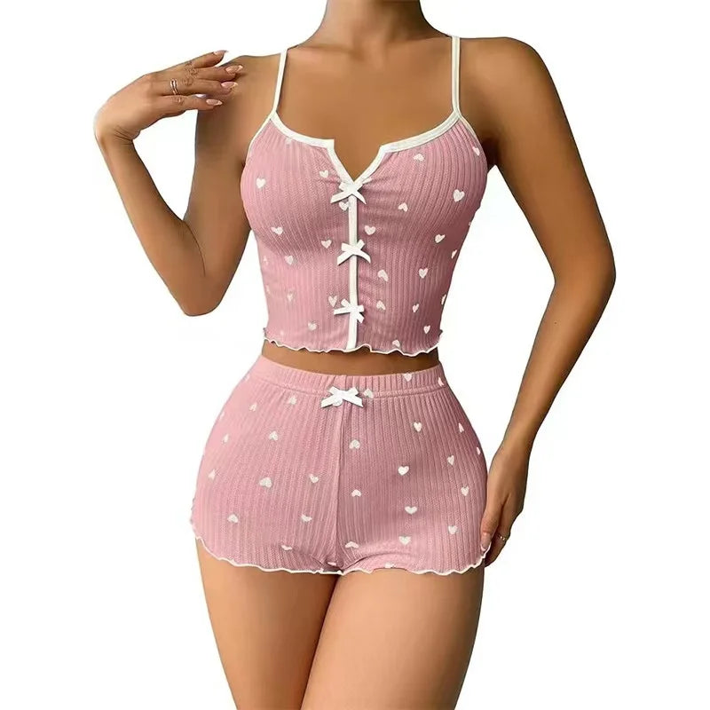 Heart Print V-Neck Pajama Set – Frill-Trim Ribbed Top & Shorts, Summer Loungewear (S–XL)