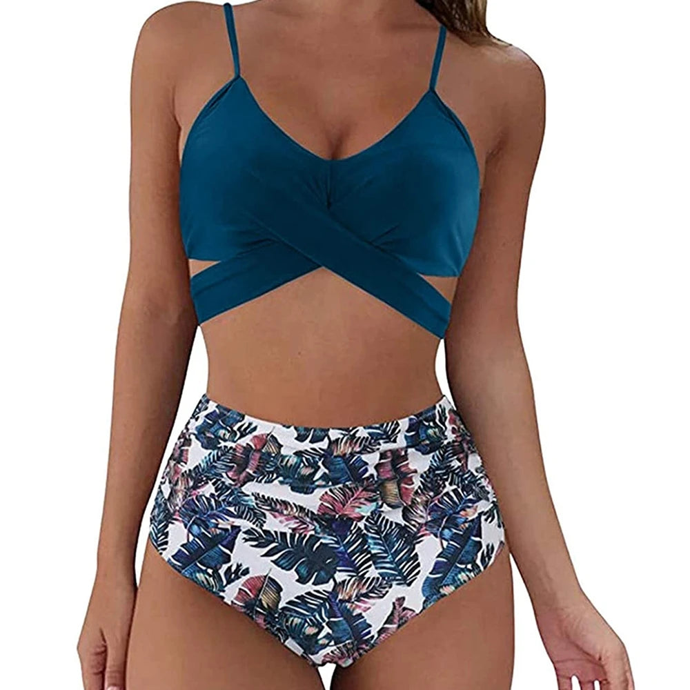 High Waist Bikini Set — Cross Front Top & Ruched Bottoms | Women's Swimwear