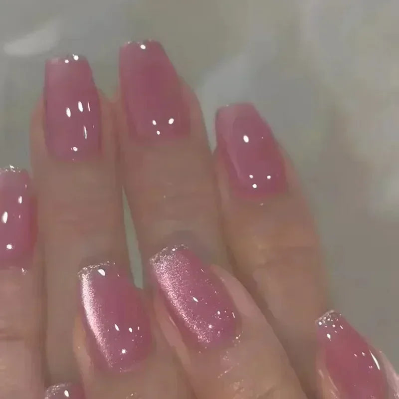 Short Square Cat Eye Press-On Nails with Glue - 24-Piece Set