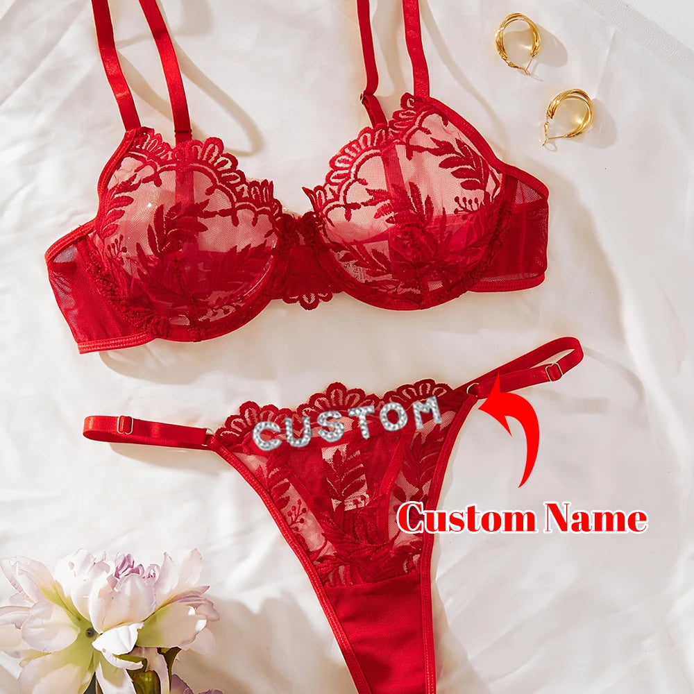 Personalized Name 2-Piece Lingerie Set | Sheer Bra + Custom Crystal Letter Thong | Anniversary Gift