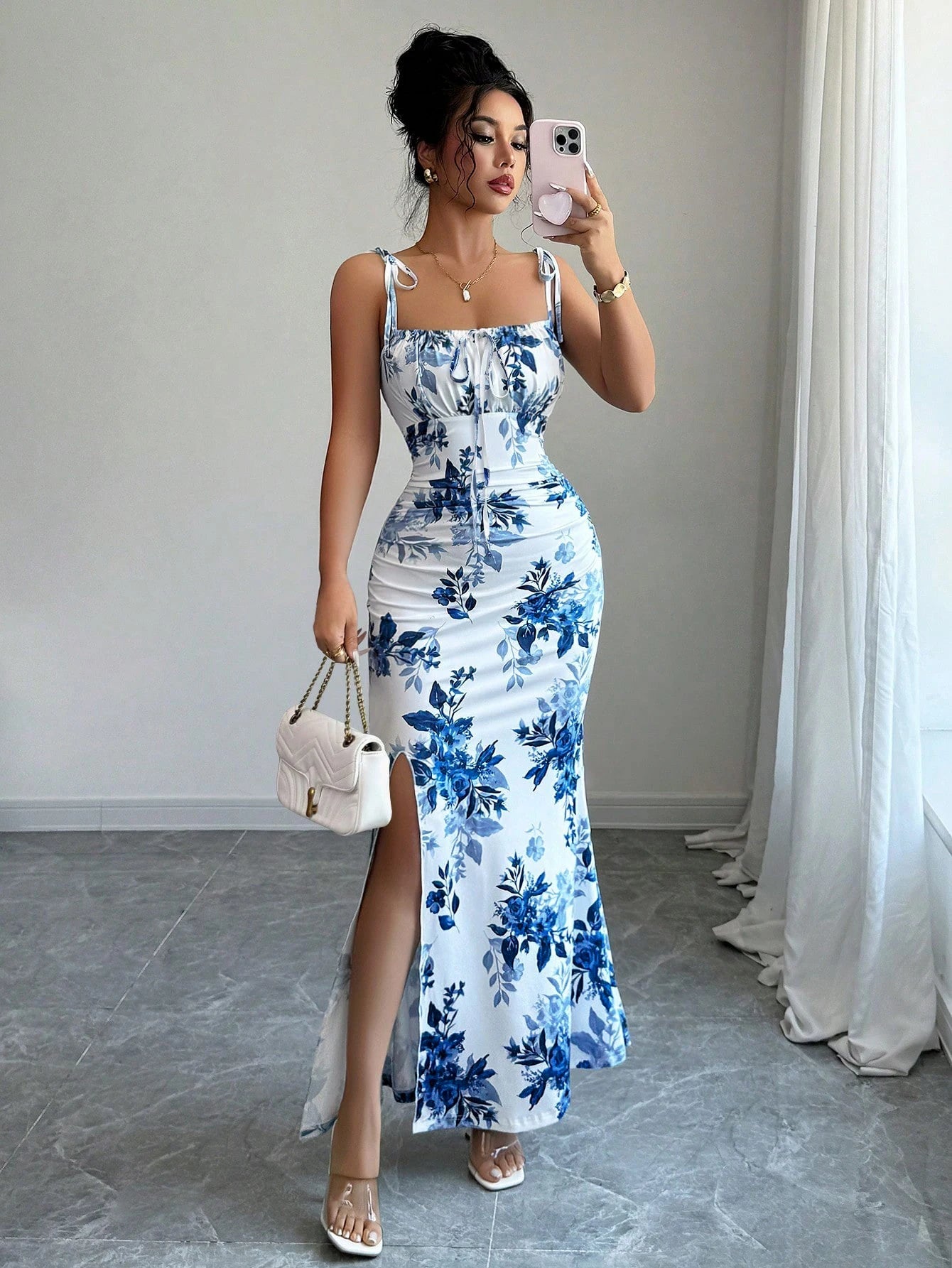 Drawstring Printed Bodycon Split Cami Dress Sexy Slim-fit Essential for Daily & Dates