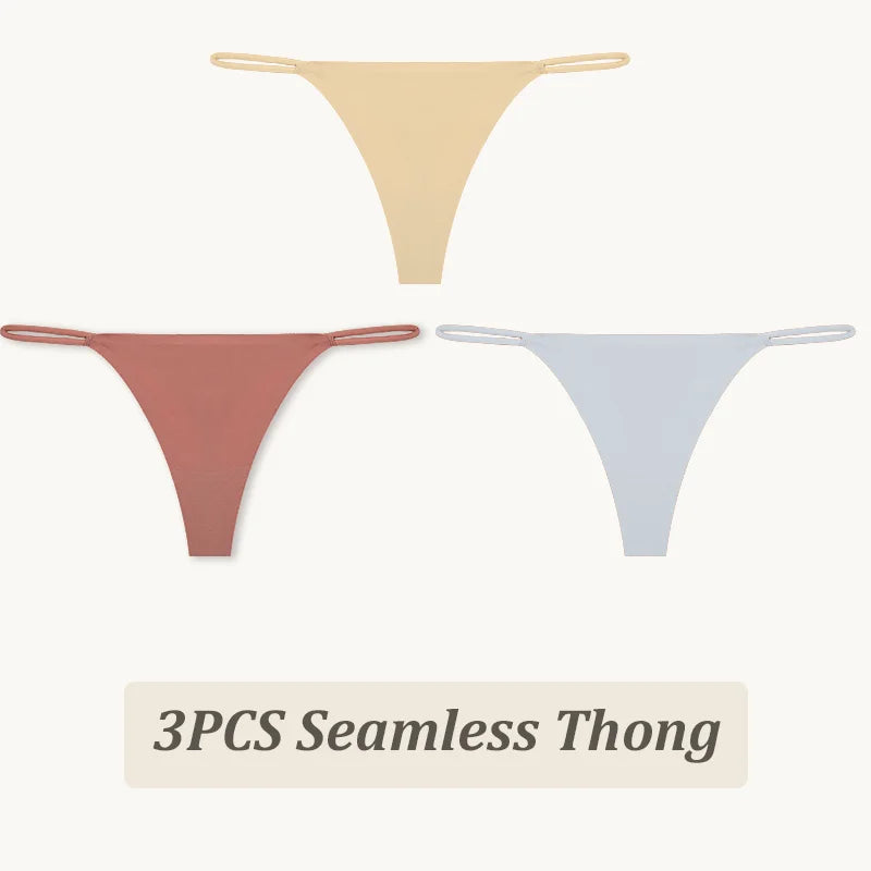 3-Pack Seamless Ice Silk Thong Panties – Low-Rise Flexible Underwear for Women (XS–XL, 25 Color Sets)