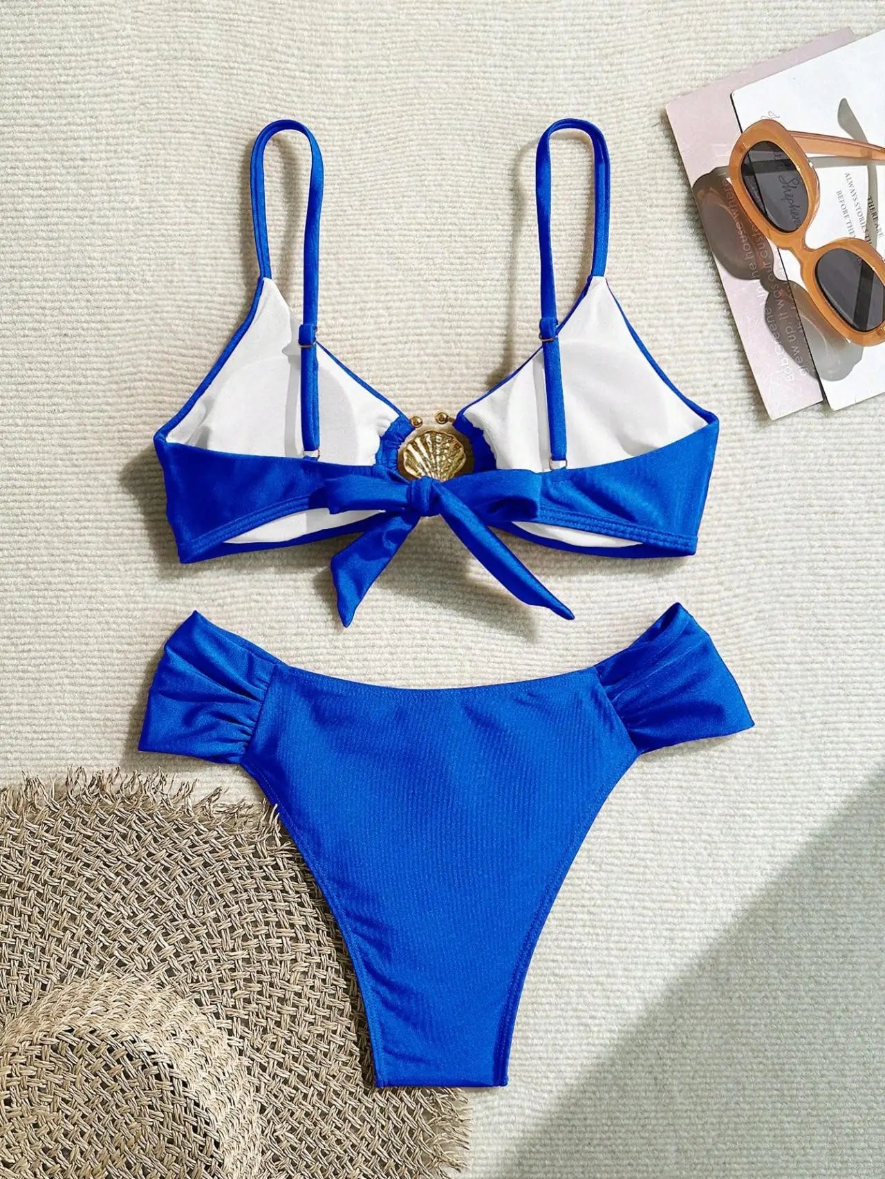 Pleated High-Waist Bikini Set — Metal Shell Buckle Push-Up | Women's Swimwear