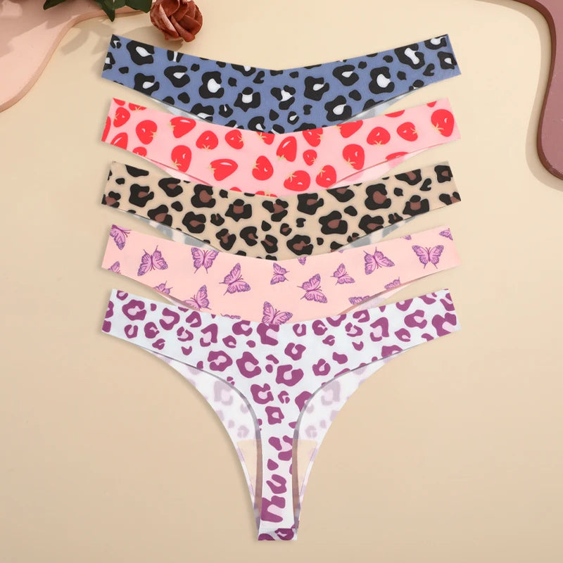 5-Pack Ice Silk Printed Thongs — Seamless Low-Rise G-String Panties