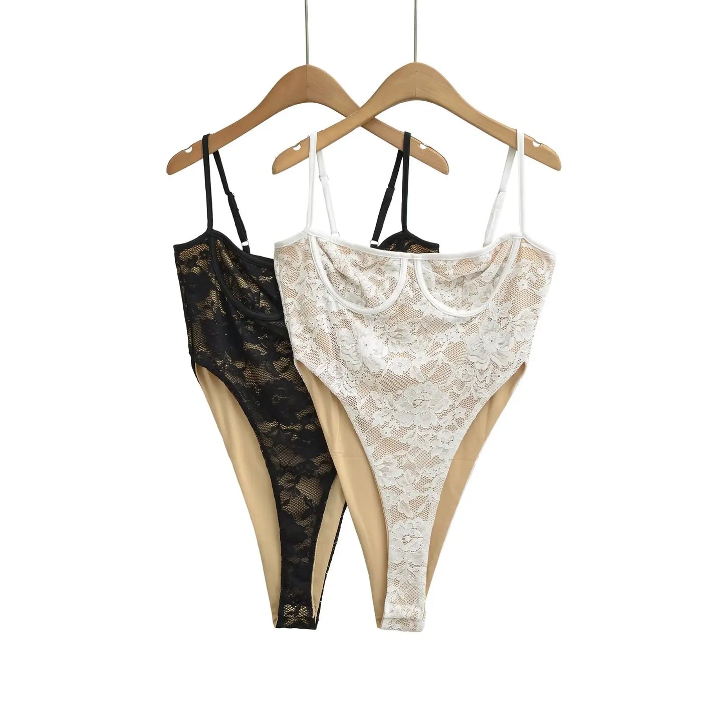 See-Through Lace Bodysuit — High-Cut Thong Spaghetti Strap | Women's Lingerie