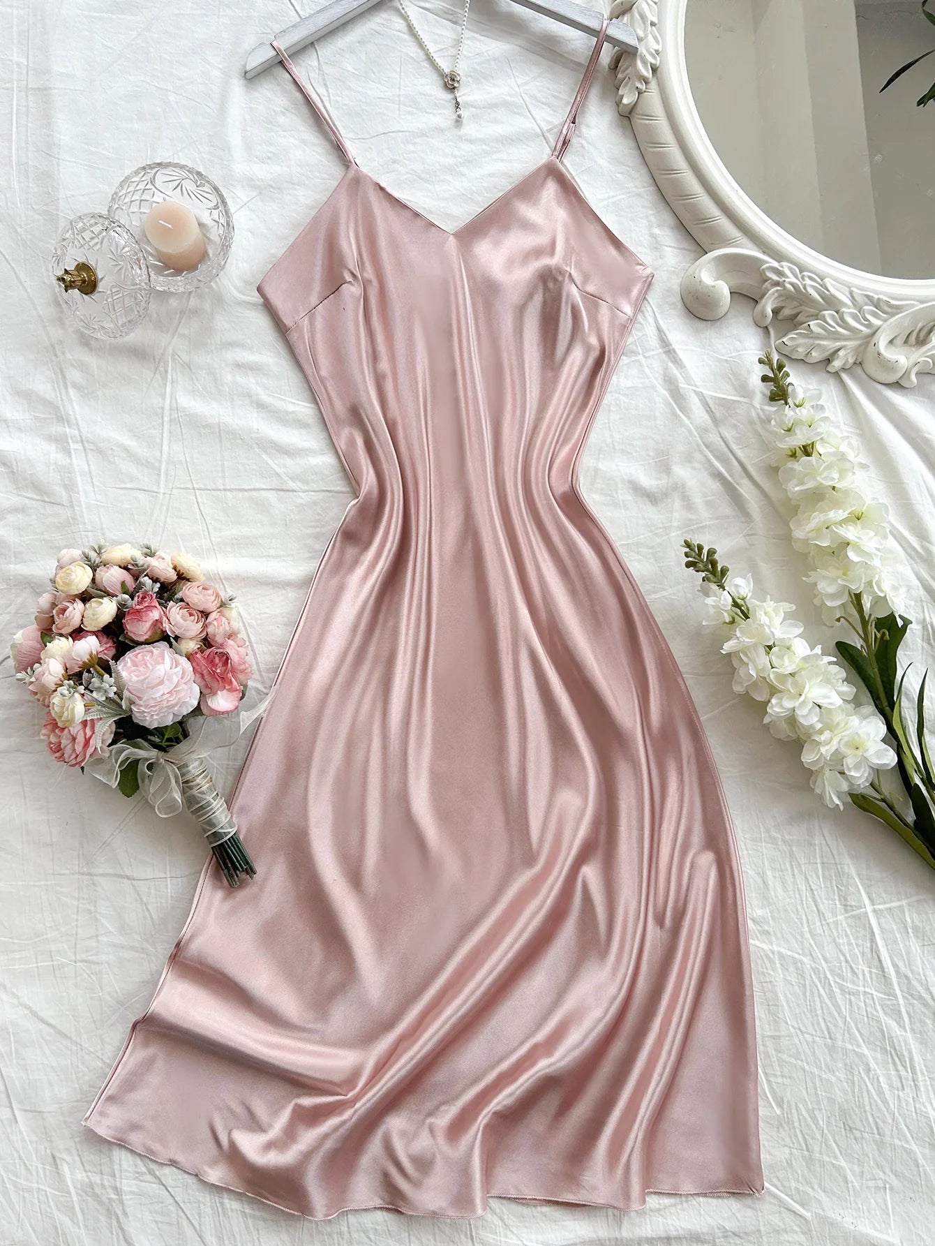 Satin Long Slip Nightdress — V-Neck Midi Sleeveless | Women's Elegant Sleepwear