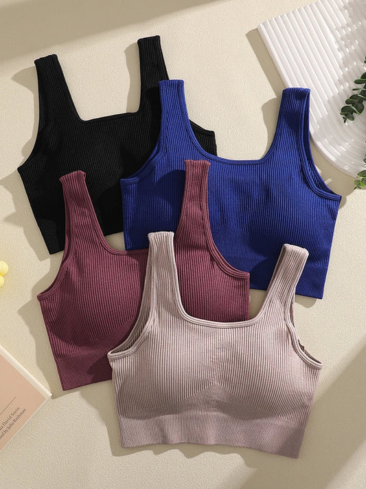 Women's Ribbed Yoga Tank Top – Padded Sports Bra | Square Neck Workout Vest