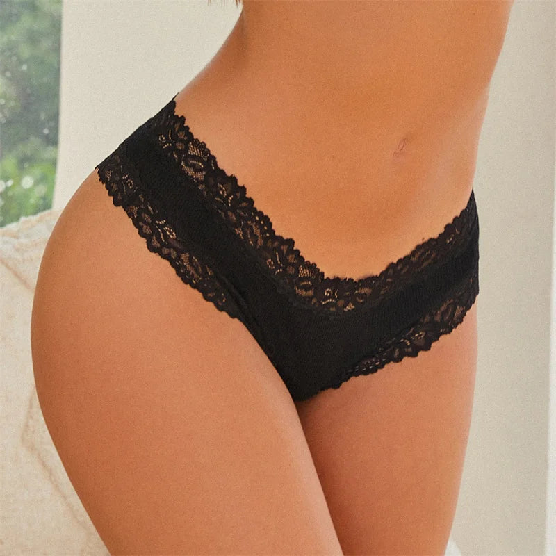 Lace Splicing Brazilian Bikini Panties – Cotton Crotch Low-Rise Underwear for Women (S–XL, 6 Colors)