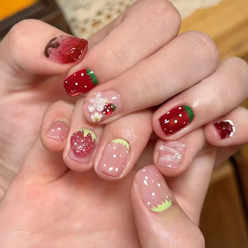 Short Press-On Nails - French Tip, Bow & Glitter Designs, 24 Pieces