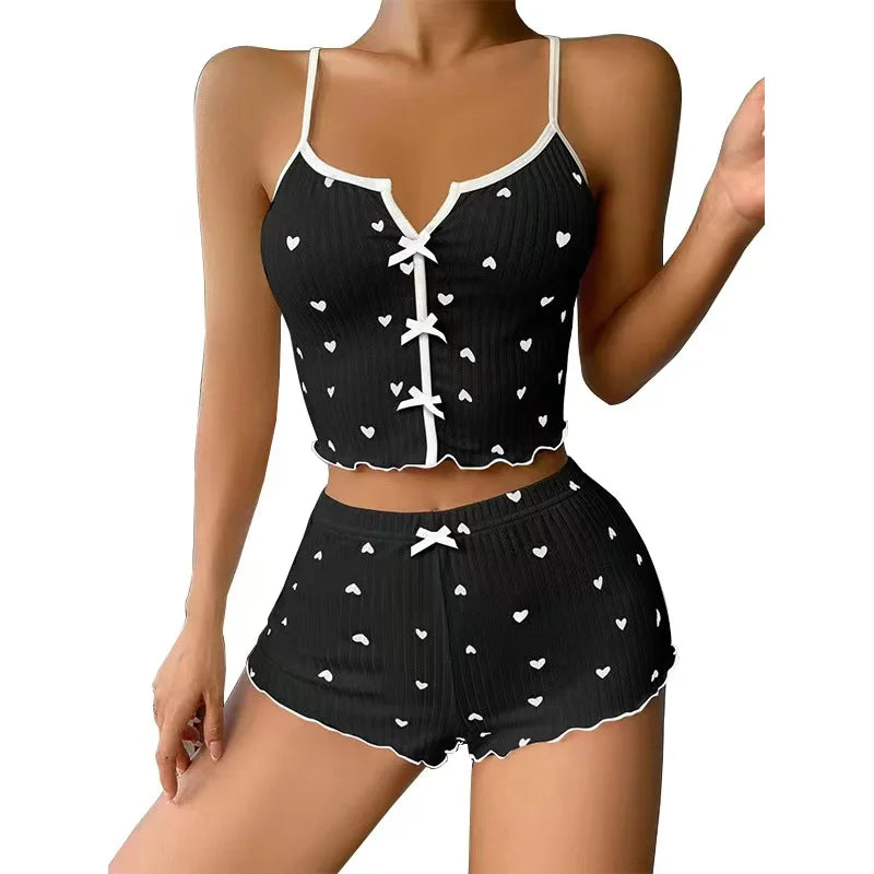 Heart Print V-Neck Pajama Set – Frill-Trim Ribbed Top & Shorts, Summer Loungewear (S–XL)