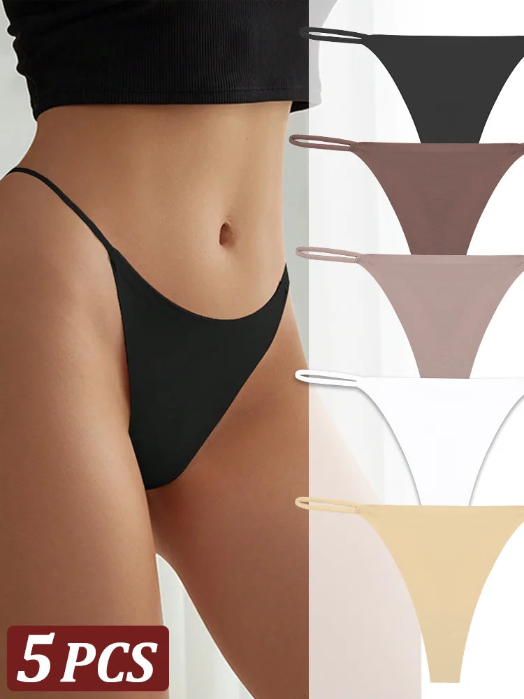 5-Pack Seamless Thong Underwear – Low-Rise Ice Silk G-String Panties for Women (XS–XL, 24 Color Sets)