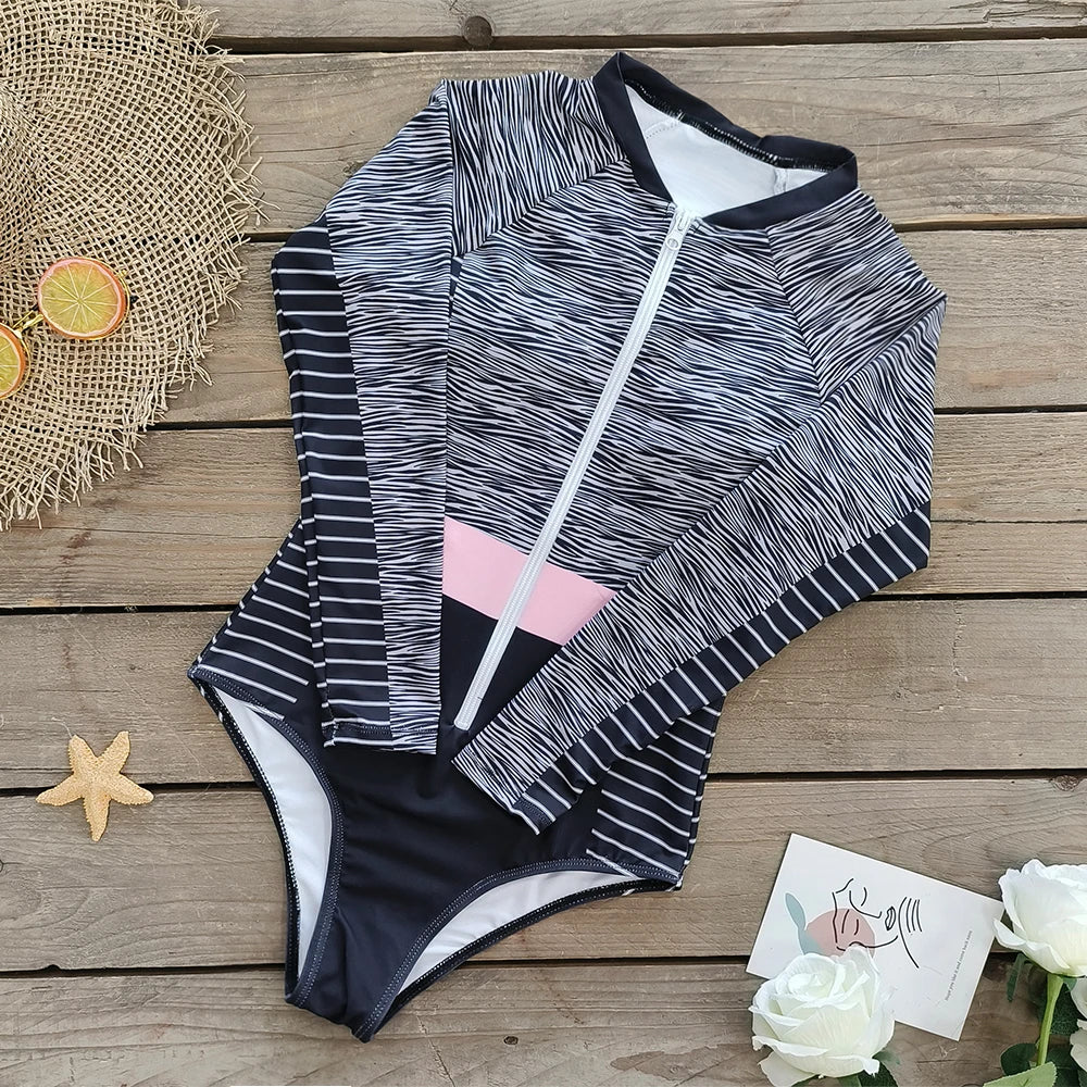 Color Block Surfing One-Piece Swimsuit — Long Sleeve Zipper | Women's Sport Swimwear