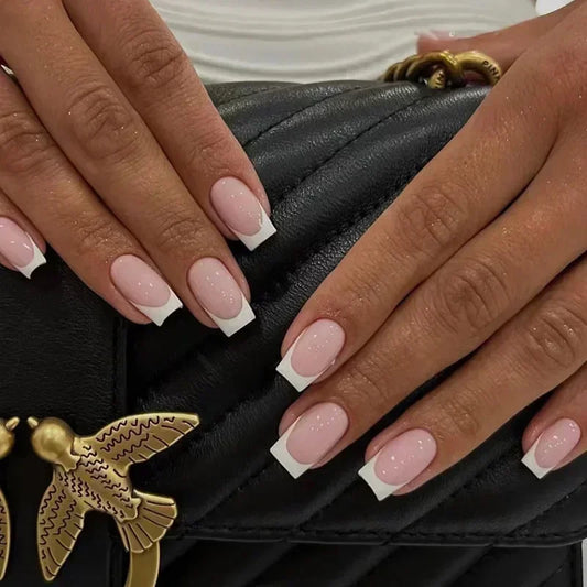 Medium Square Press-On Nails with Glue - French Tip & Solid Color, 24 Pieces