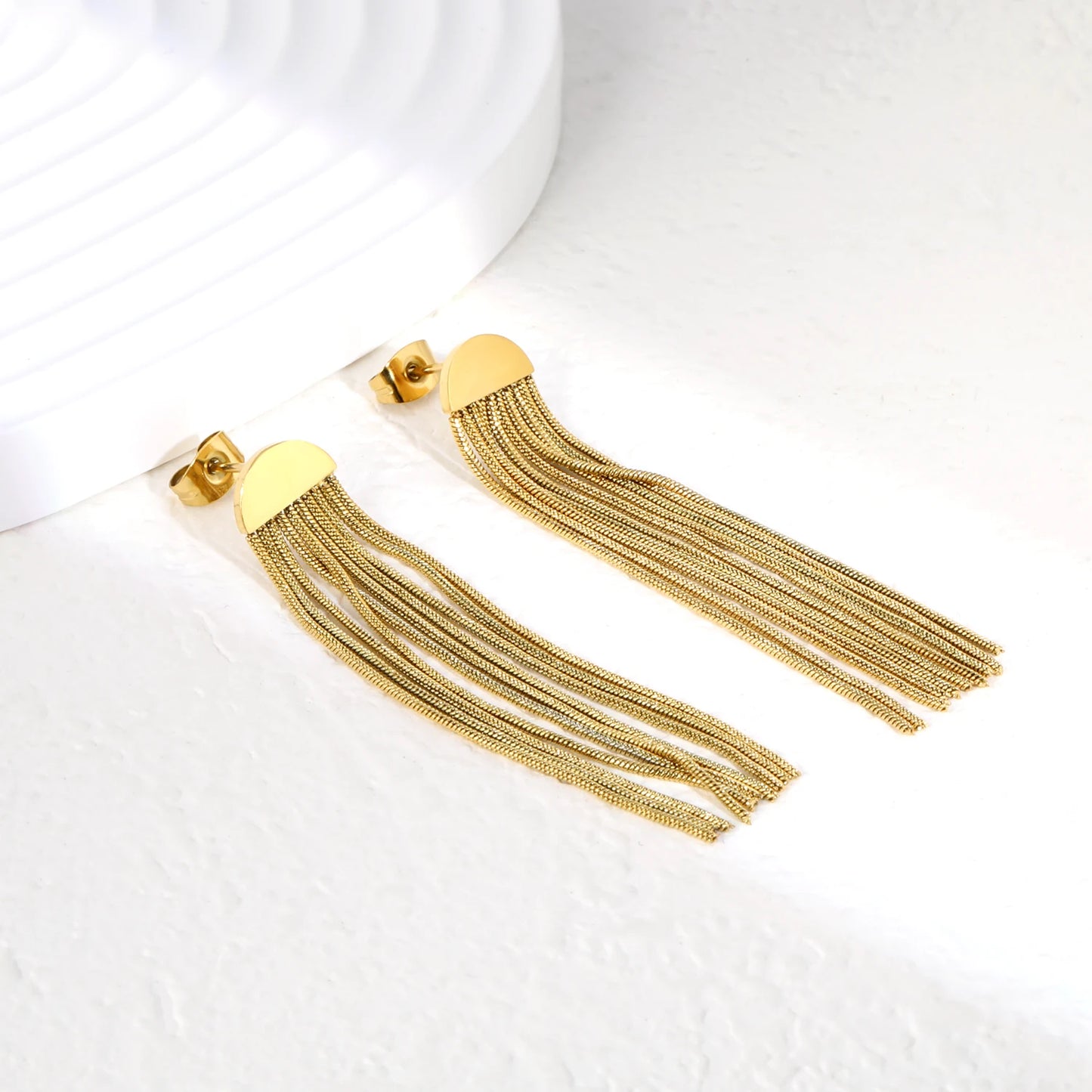 Long Tassel Drop Earrings – 18K Gold-Plated Stainless Steel Dangle Earrings for Women