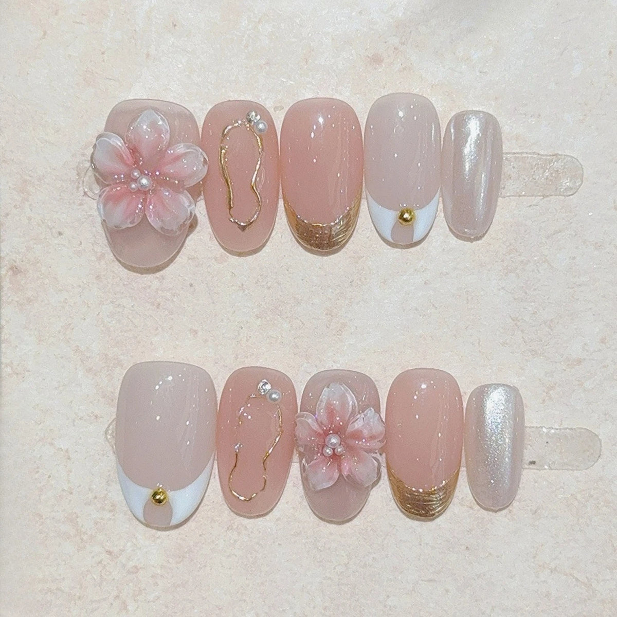 Handmade Short Square Press-On Nails - Floral & Cat Eye, 10-Piece Kit