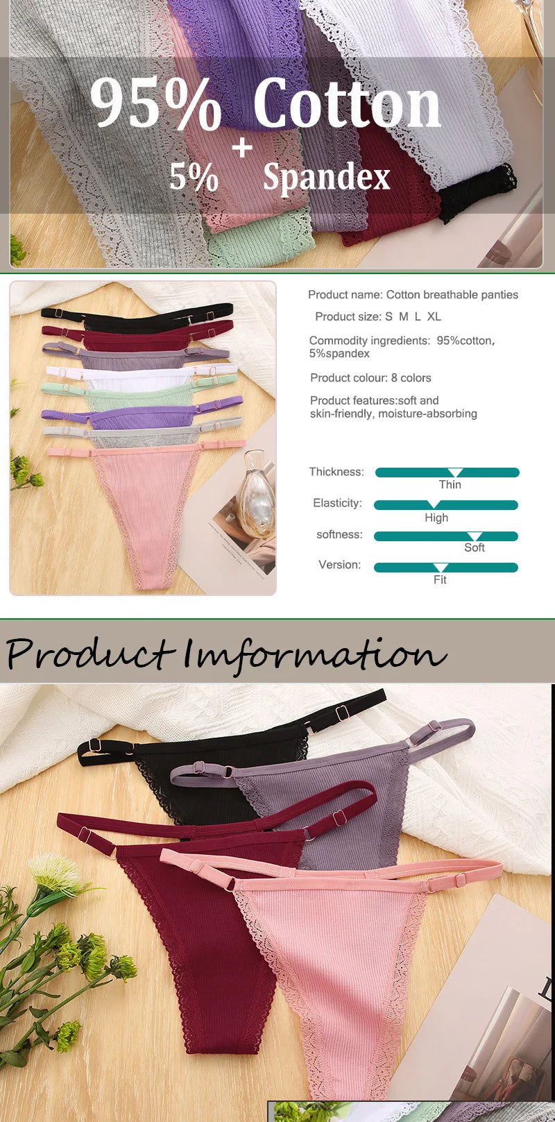Ice Silk Cotton Thong with Adjustable Belt – Seamless Low-Rise Underwear for Women (S–XL, 8 Colors)