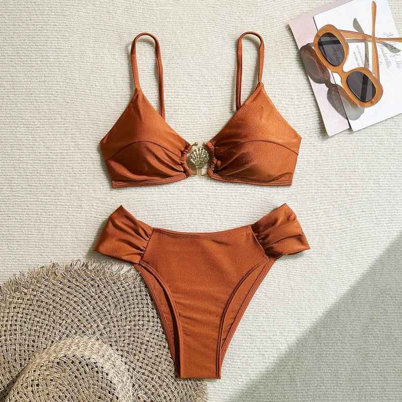 Pleated High-Waist Bikini Set — Metal Shell Buckle Push-Up | Women's Swimwear