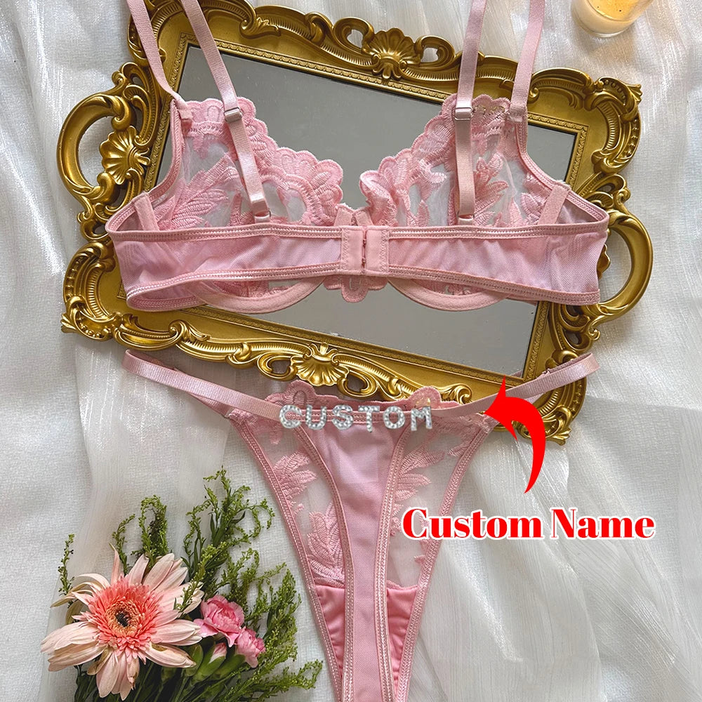 Personalized Name 2-Piece Lingerie Set | Sheer Bra + Custom Crystal Letter Thong | Anniversary Gift