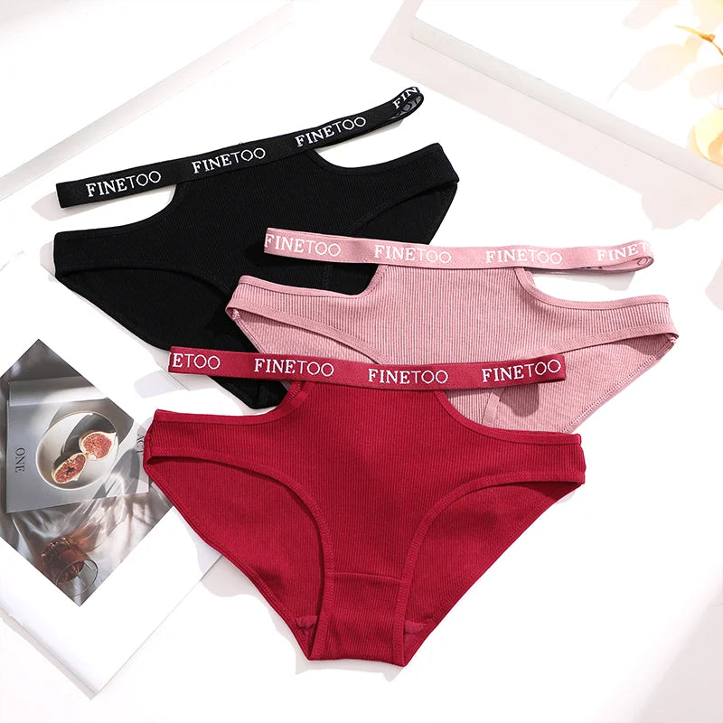 3-Pack Double Letter Belt Hollow-Out Brief Panties – Fashion Cotton Underwear for Women (S–XL, 8 Color Sets)