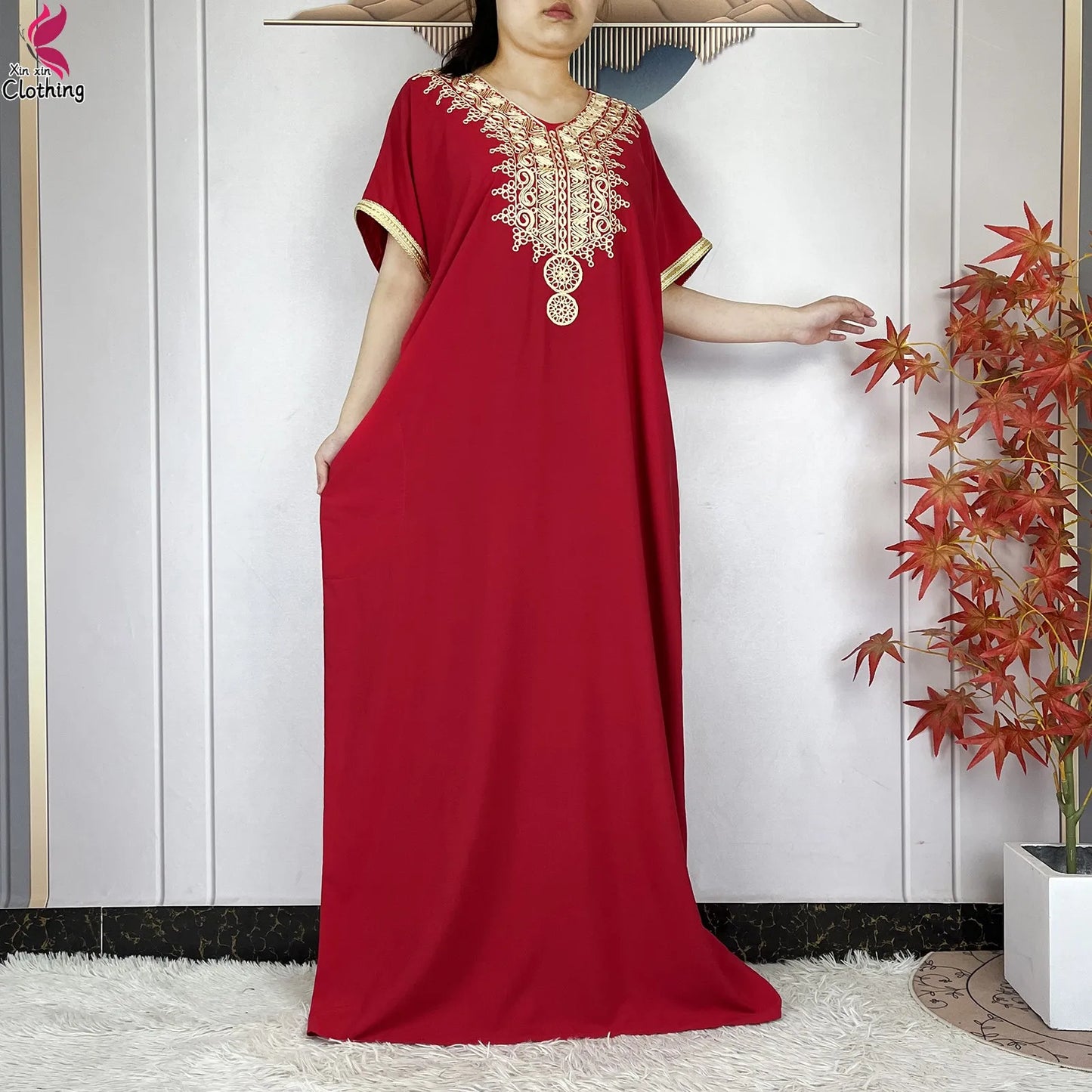 2026 New Summer Short Sleeve African Abaya Cotton Pure Color Embroidery Loose Woman Maxi Islam Tradition Dresses With Headscarf