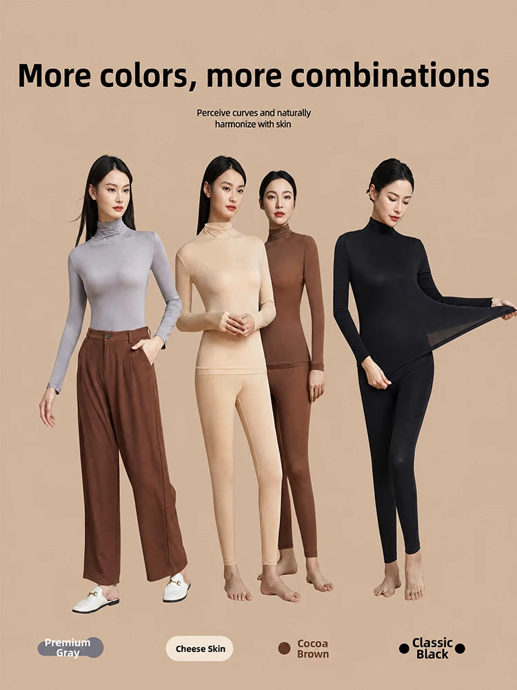High-Collar Seamless Thermal Set – Long-Sleeve Warm Base Layer for Women, High-Rise (L–XL, 4 Color Sets)