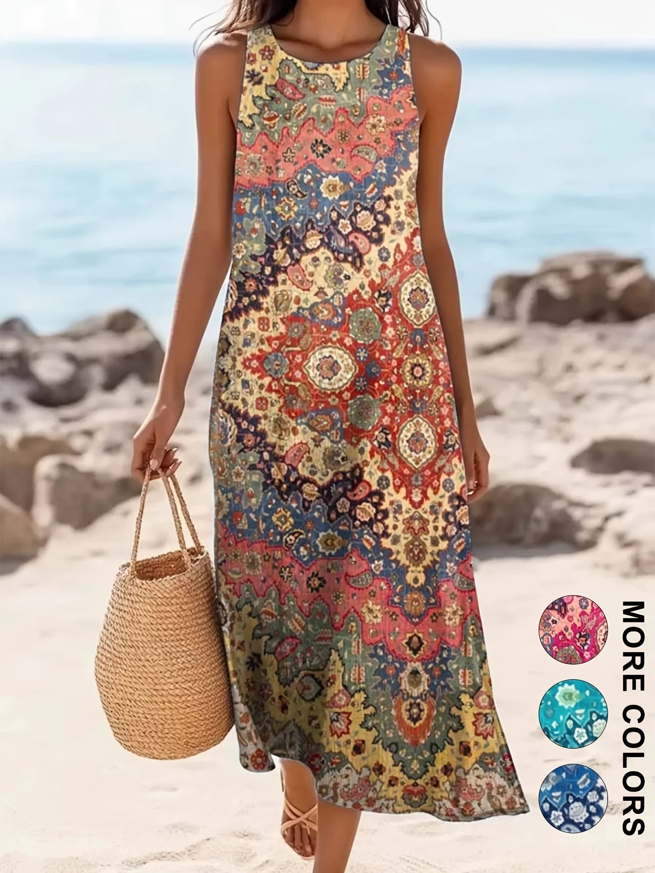 Women's Casual Dress with a Round Neck Sleeveless Featuring Paisley Pattern Print Leisure Bohemian Trendy V-neck Ankle-length