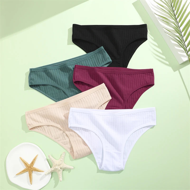 FINETOO 3PCS/SET Cotton Ribbed Striped Underwear for Women Plus Size 10 Soild Colours Stretch Briefs Ladies Soft Lingerie S-7XL