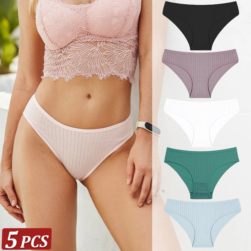 5-Pack Cotton Striped & Solid Brief Panties – Breathable Low-Rise Underwear for Women (M–XL, 12 Color Sets)