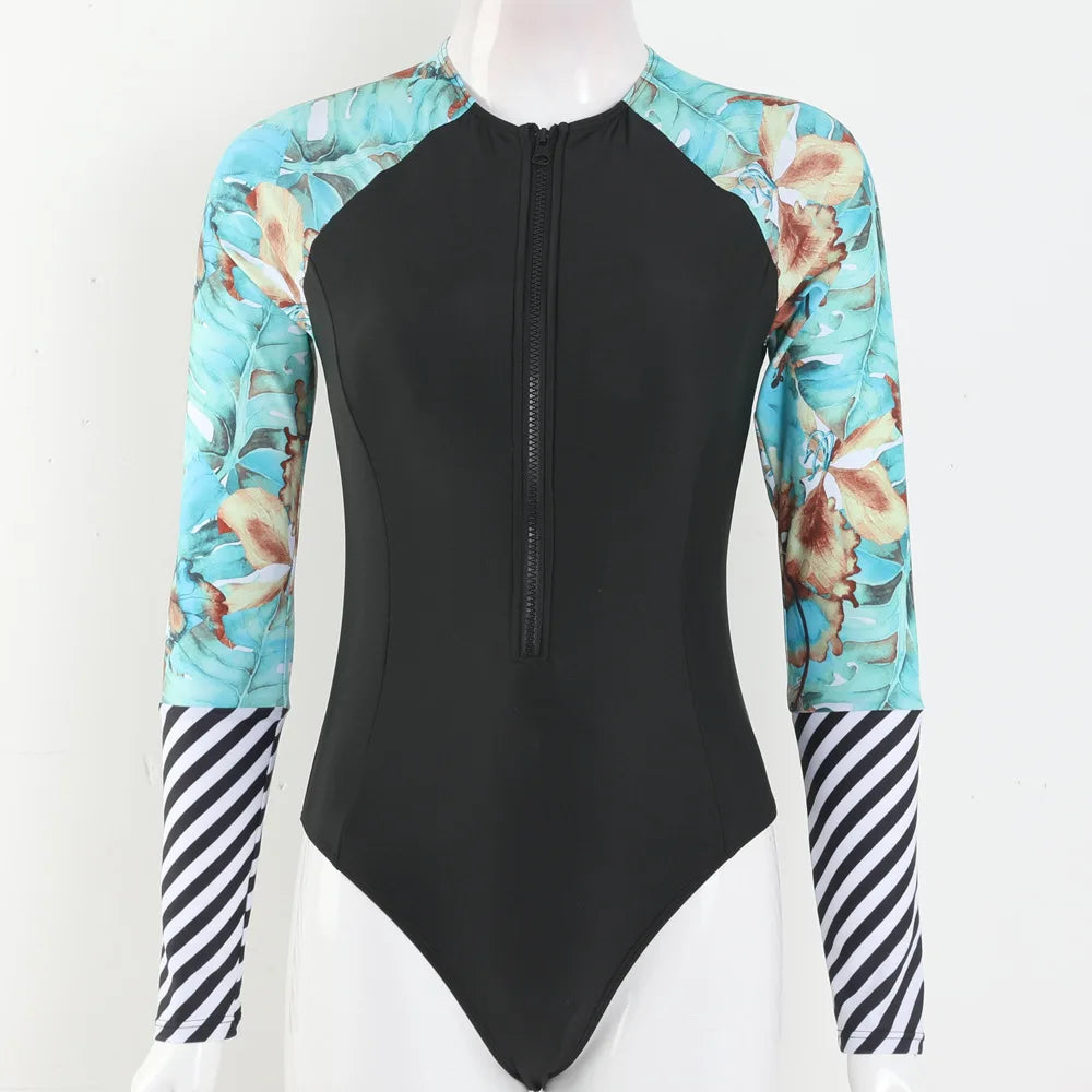 Color Block Surfing One-Piece Swimsuit — Long Sleeve Zipper | Women's Sport Swimwear