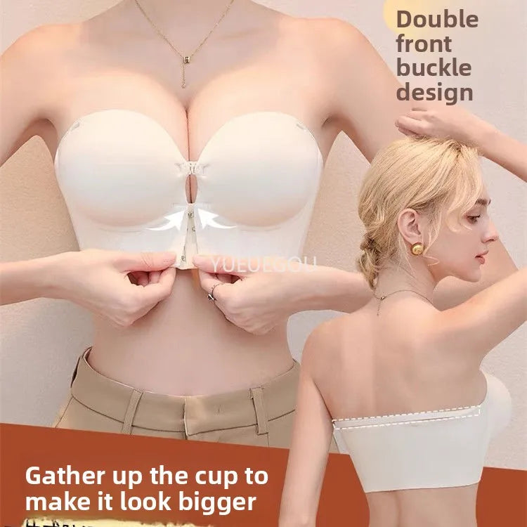 Women's 10CM Extreme Push Up Strapless Bra | Front Closure Anti-Slip Lift for AA-B Cup | No Side Bulge Seamless Invisible Bra for Small Chest (32–38 / 70–85)