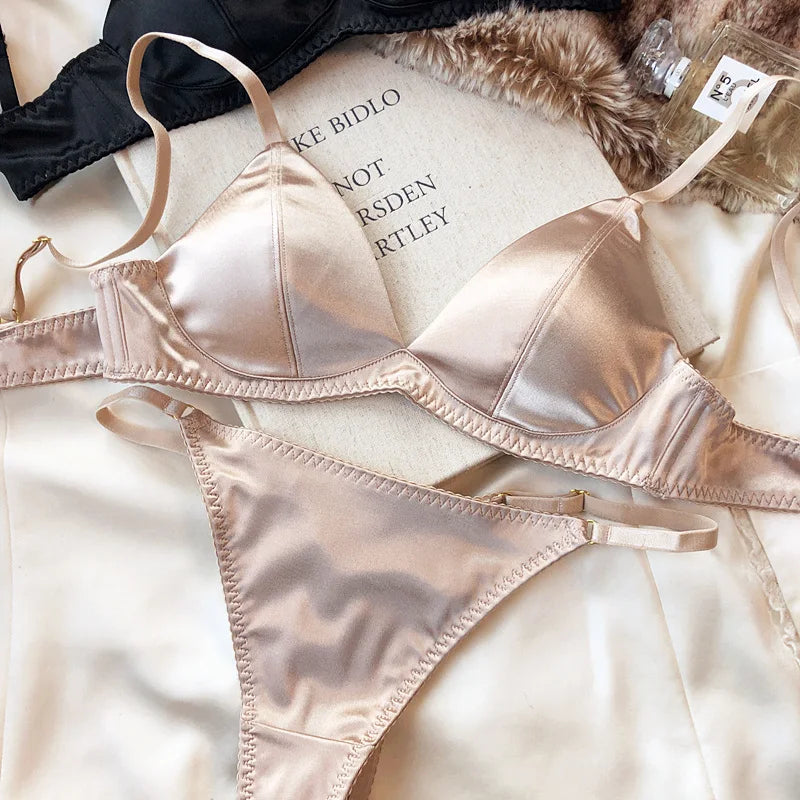 Women's Silken Triangle Bra & Thong Set – Wire-Free French Bralette Lingerie (S–XL)