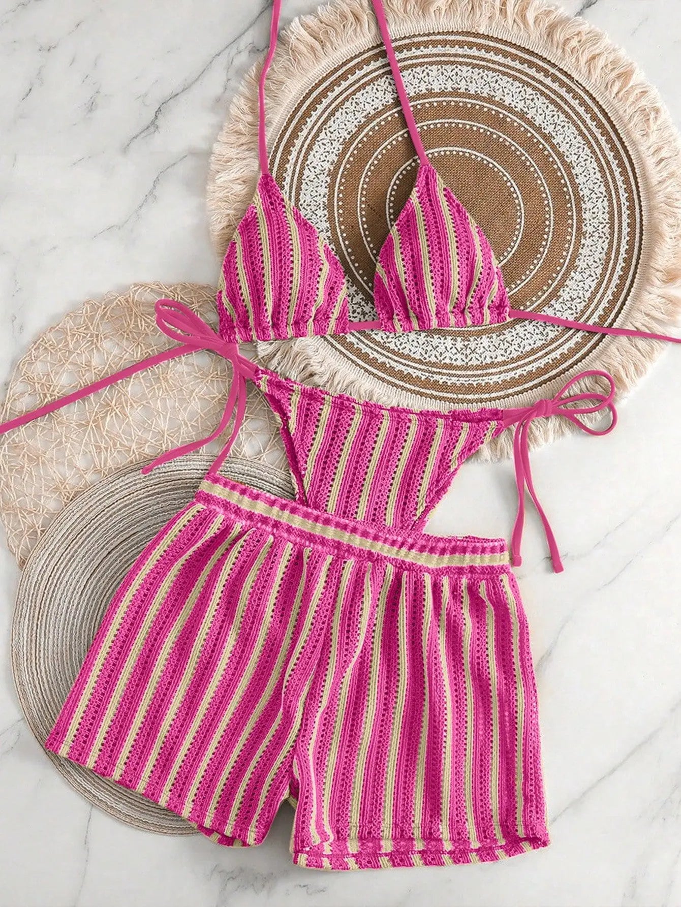 Striped Halter Triangle Bikini Set — 3-Piece with Mini Skirt Cover-Up | Women's Swimwear