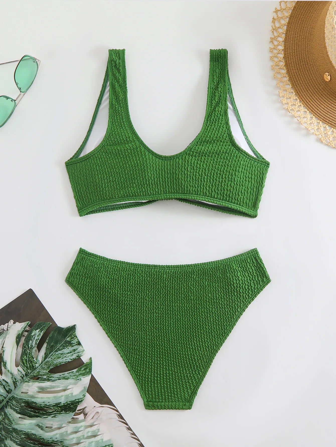 Solid Color High Waist Bikini Set — V-Neck Textured Top & Cheeky Bottoms | Women's Swimwear