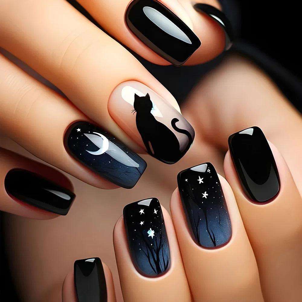 Short Coffin Press-On Nails – Stars & Moon, 24-Piece Set